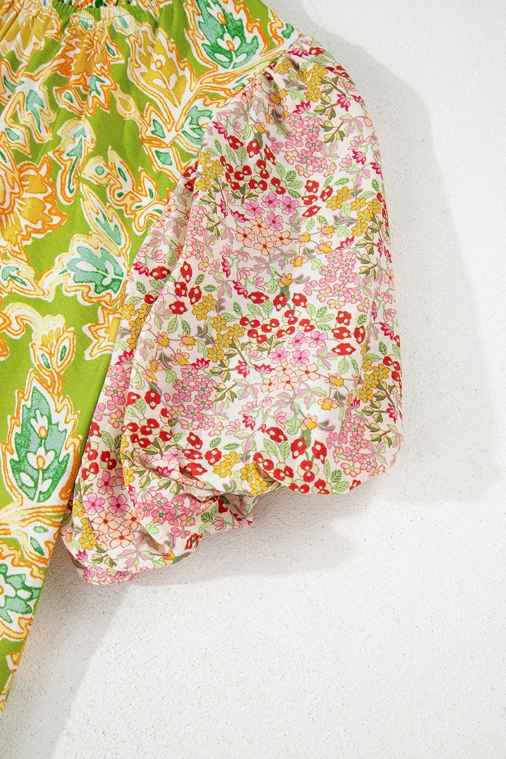 Multicolour Printed Contrast Bubble Sleeve Patchwork Blouse – Floral Top for Shopify Collective (8 view)