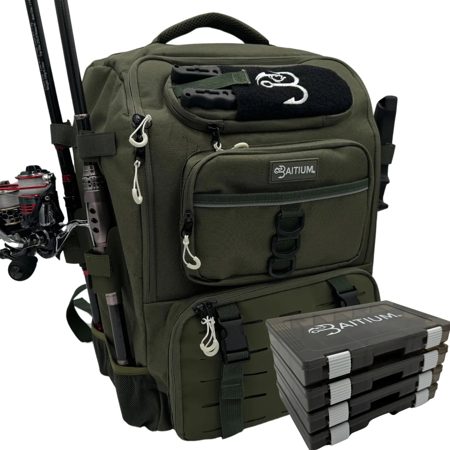 Baitium Fishing Tackle Backpack – 40L Waterproof Bag with Rod Holders & Cooler Pocket | 4 Tackle Boxes Included – Green Fishing Gear for bait cooler backpack (2 view)