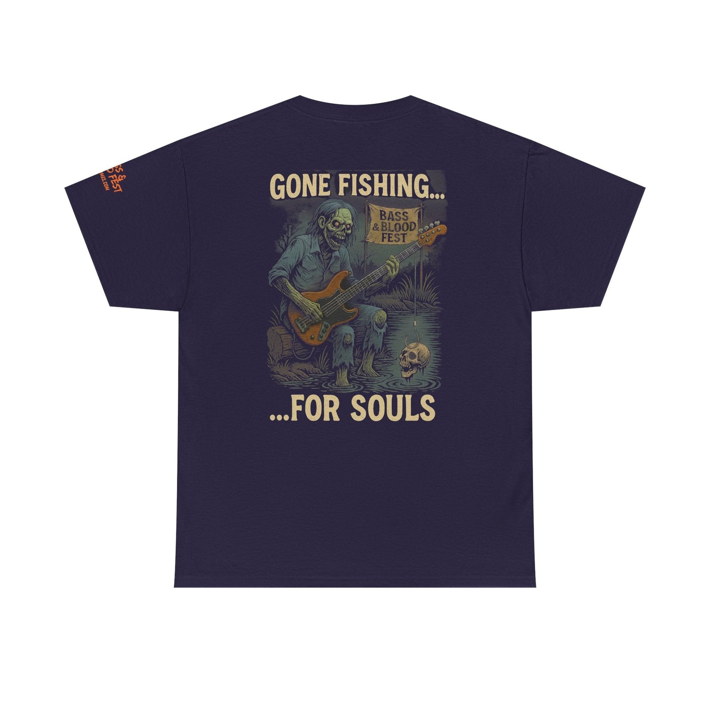 Bass & Blood Fest 2025 Gone Fishing Tee – Zombie Band Tour Merch with a Killer Hook | Lizard Designs – Blackberry T-Shirt for Band Merchandise (14 view)