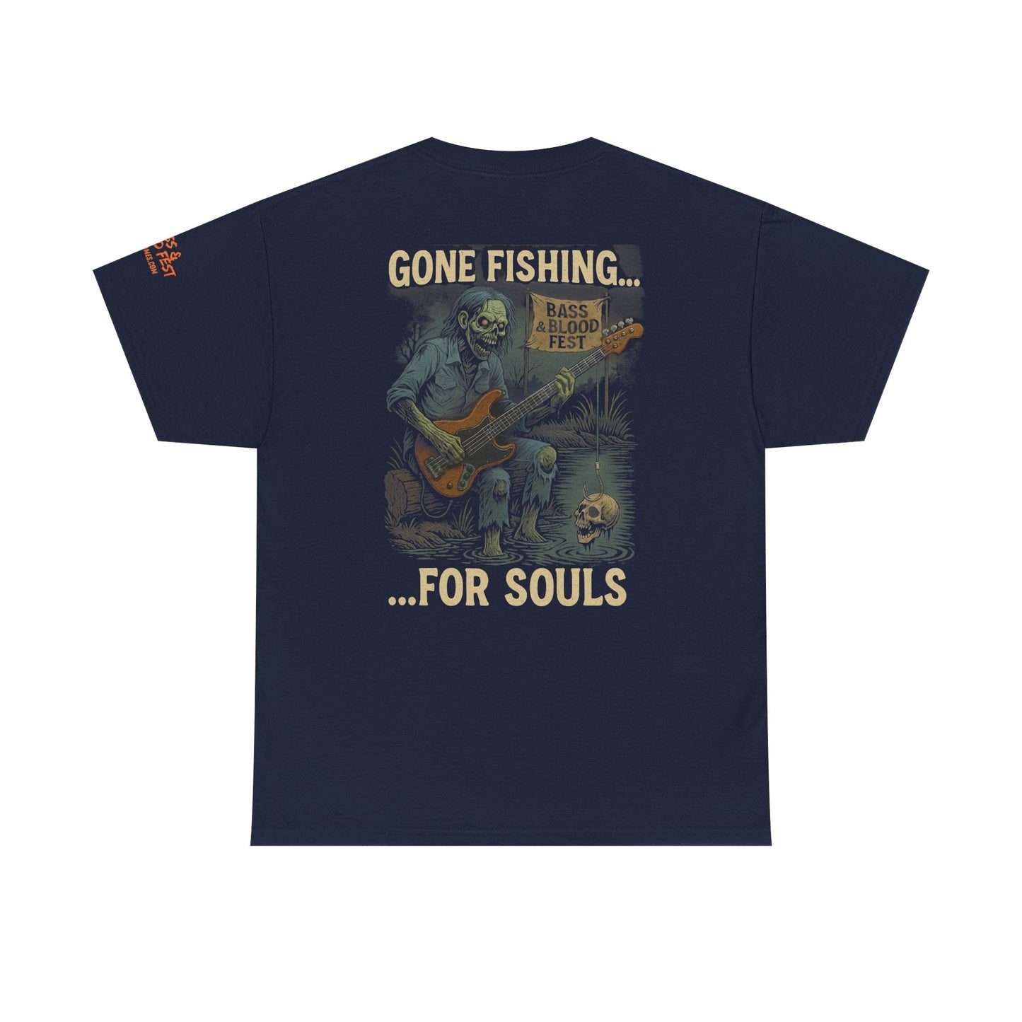 Bass & Blood Fest 2025 Gone Fishing Tee – Zombie Band Tour Merch with a Killer Hook | Lizard Designs – Blackberry T-Shirt for Band Merchandise (11 view)