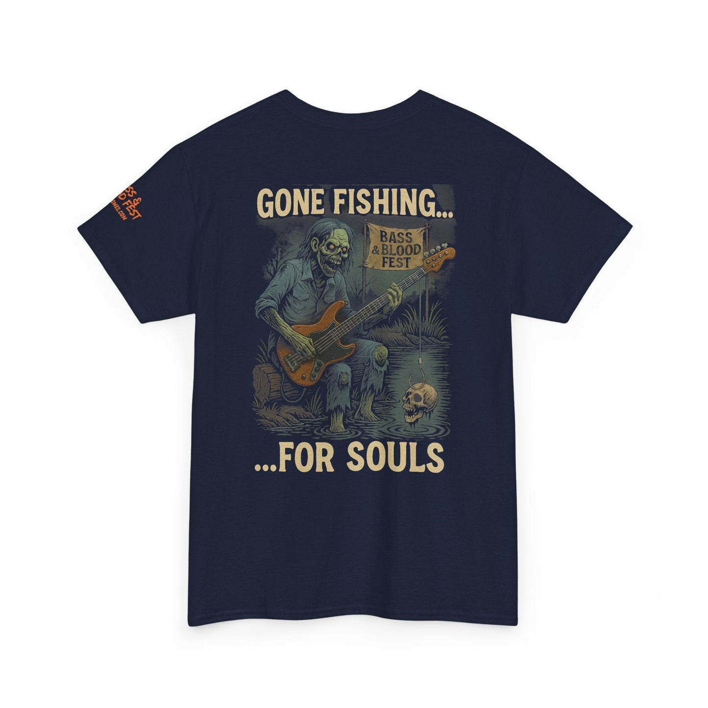 Bass & Blood Fest 2025 Gone Fishing Tee – Zombie Band Tour Merch with a Killer Hook | Lizard Designs – Blackberry T-Shirt for Band Merchandise (13 view)