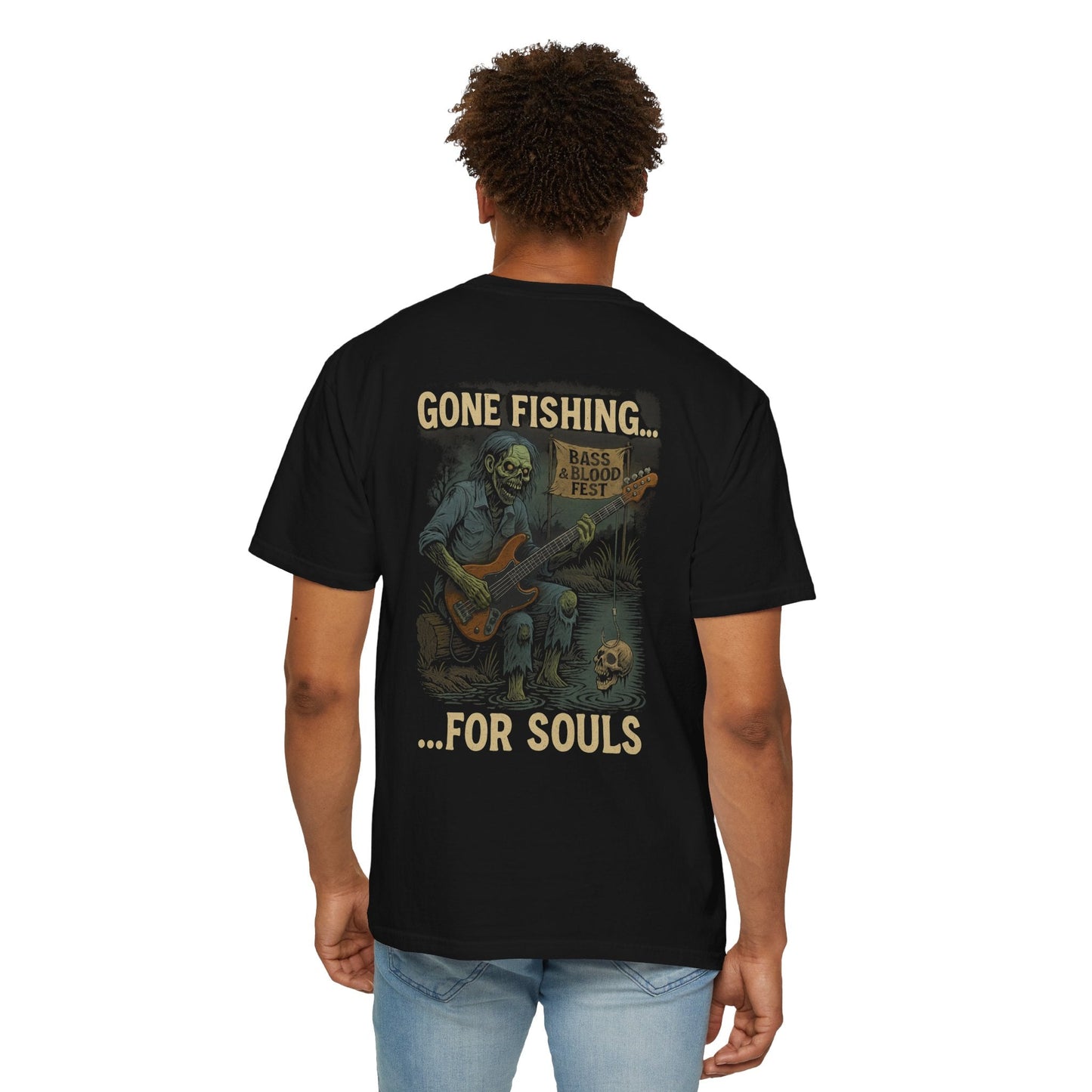 Bass & Blood Fest 2025 T-Shirt – Zombie Rock Concert Tee | Gone Fishing for Souls – Black T-Shirt for Band Merchandise (9 view)