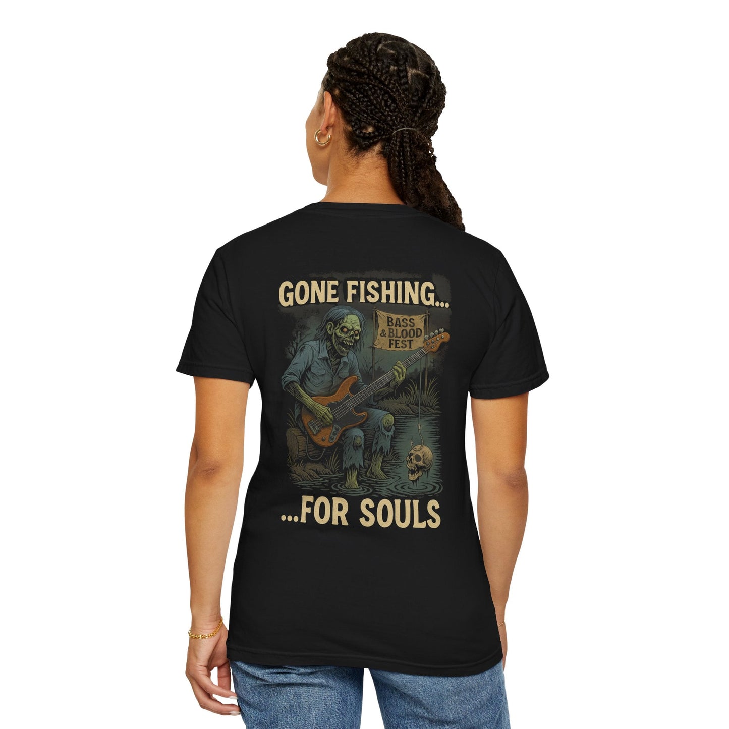 Bass & Blood Fest 2025 T-Shirt – Zombie Rock Concert Tee | Gone Fishing for Souls – Black T-Shirt for Band Merchandise (7 view)