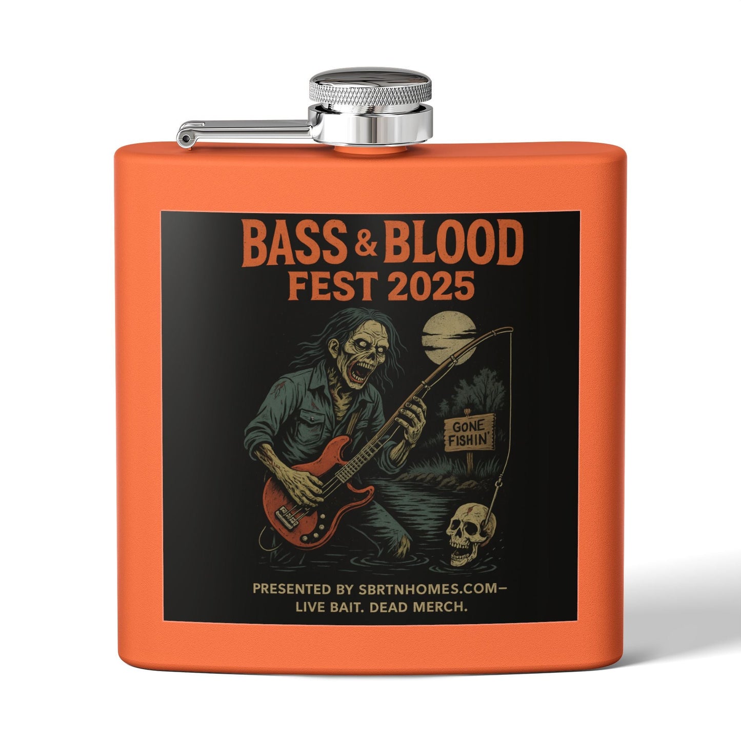 Bass & Blood Fest Stainless Steel Flask, 6oz - Perfect for Festivals, Gifts, and Outdoor Adventures, Unique Music Lover Accessory – 6oz Mug by Printify