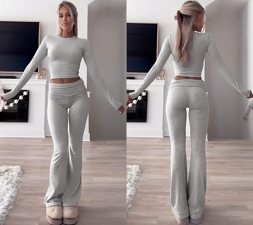 Women’s 2 - Piece Lounge Set – Flared Pants & Long Sleeve Top | Trendy Streetwear & Athleisure – Black Leisure wear