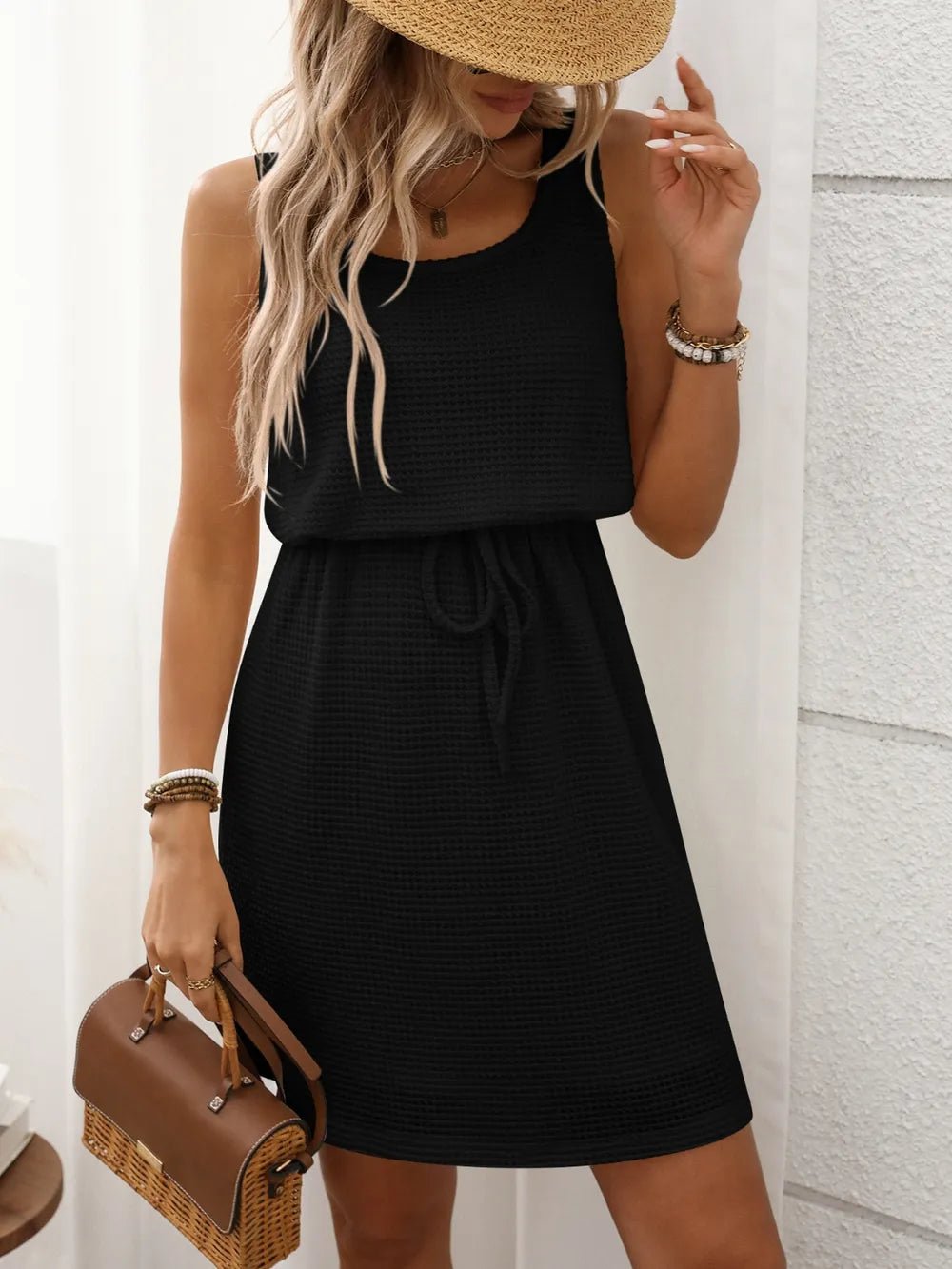 Waffle - Knit Drawstring Mini Tank Dress – Black for Shopify Collective (7 view)
