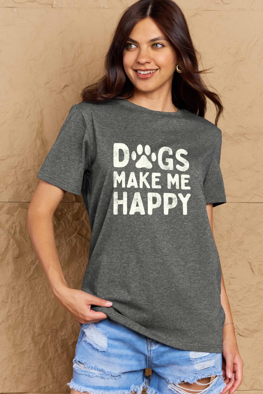Simply Love Full Size DOGS MAKE ME HAPPY Graphic Cotton T-Shirt – Charcoal Women's Top for Shopify Collective (17 view)