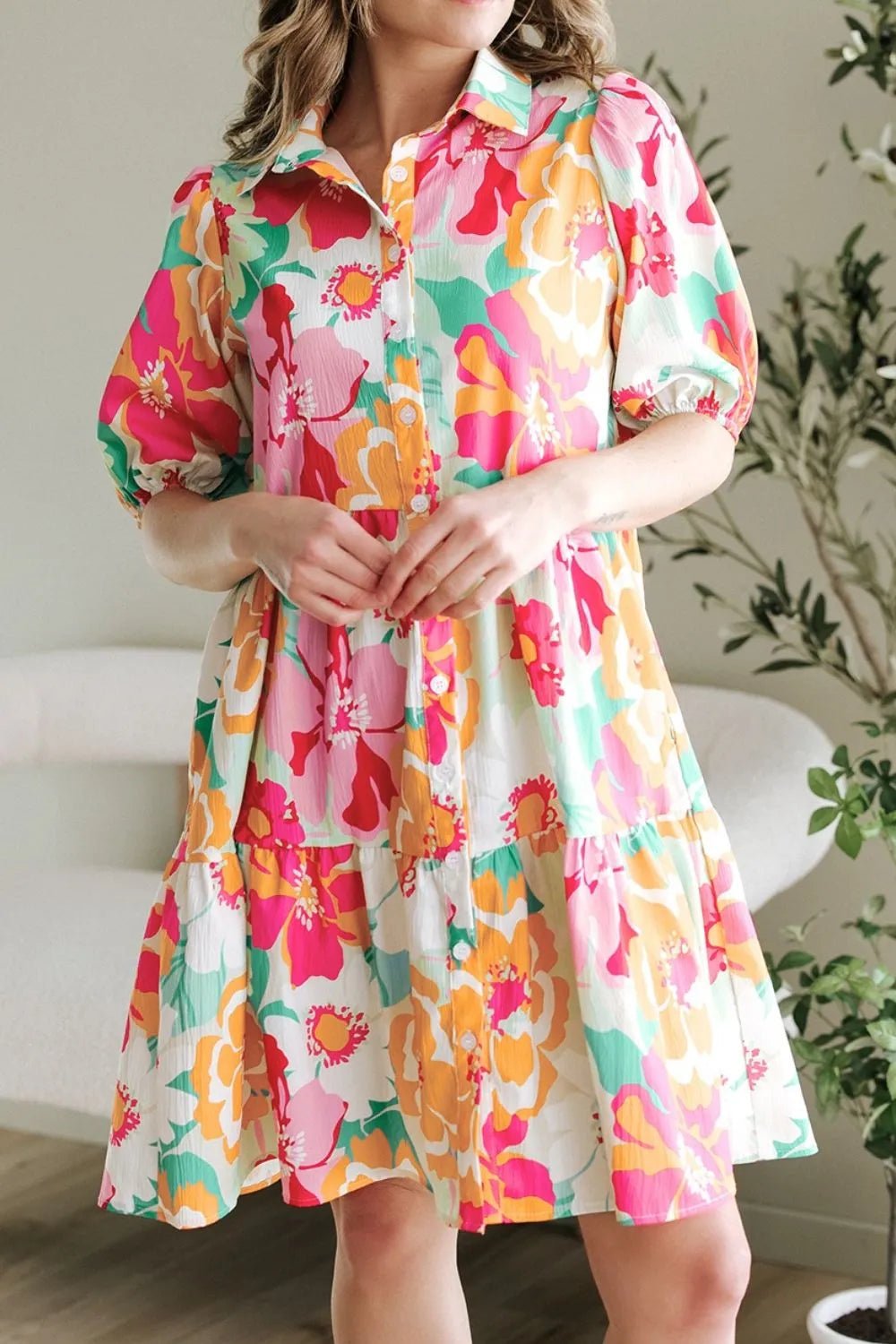 Button Down Floral Puff Sleeve Babydoll Dress – Strawberry for Shopify Collective (6 view)