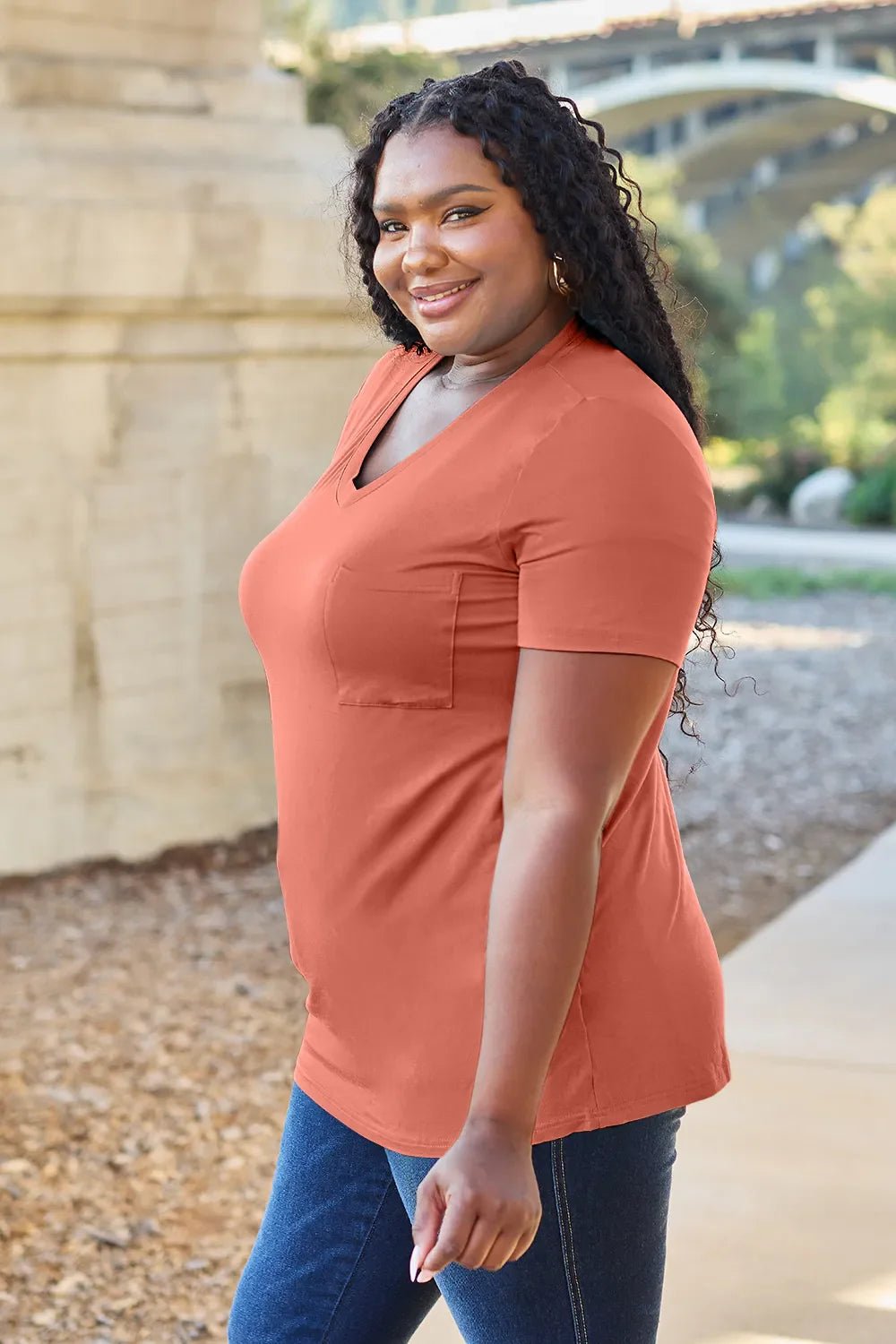 Basic Bae Bamboo Full Size V - Neck Short Sleeve T-Shirt – Watermelon pink for Shopify Collective (5 view)