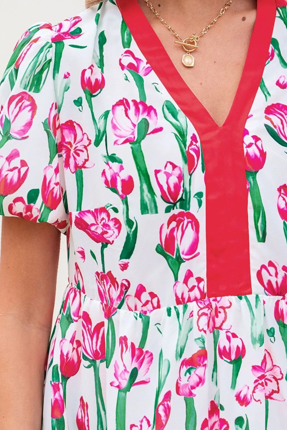 Floral Print Contrast Trim V Neck Bubble Short Sleeve Babydoll Dress – Strawberry for Shopify Collective (5 view)