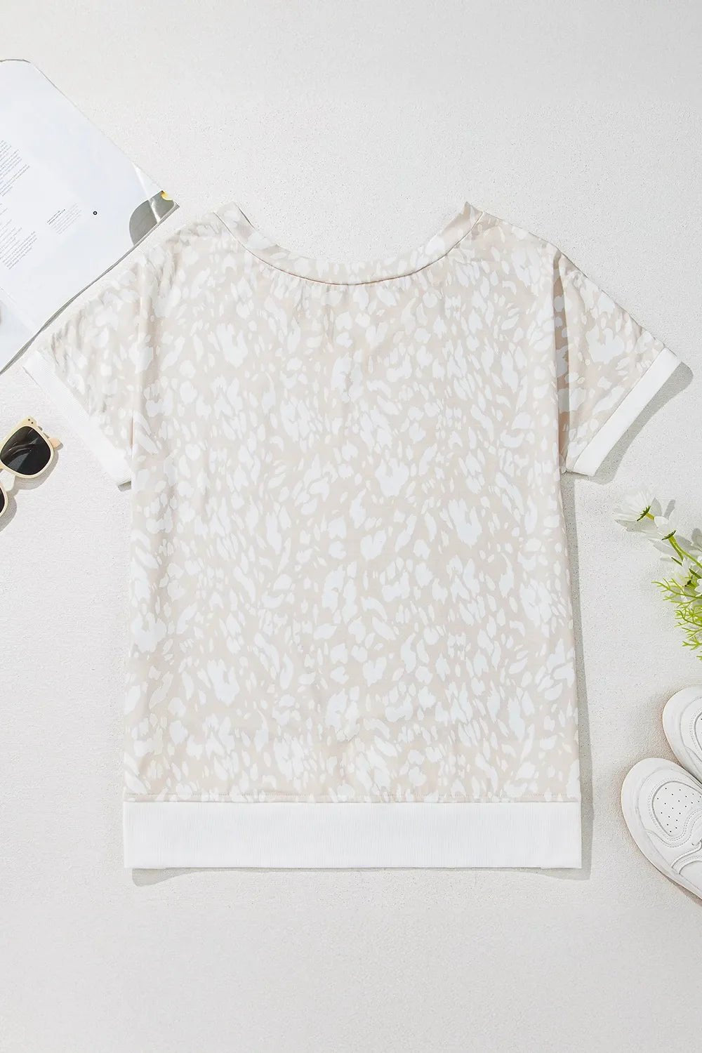 Leopard Print V Neck Side Slit Loose Fit T Shirt – Eggshell for low - stock - alert - sent (6 view)