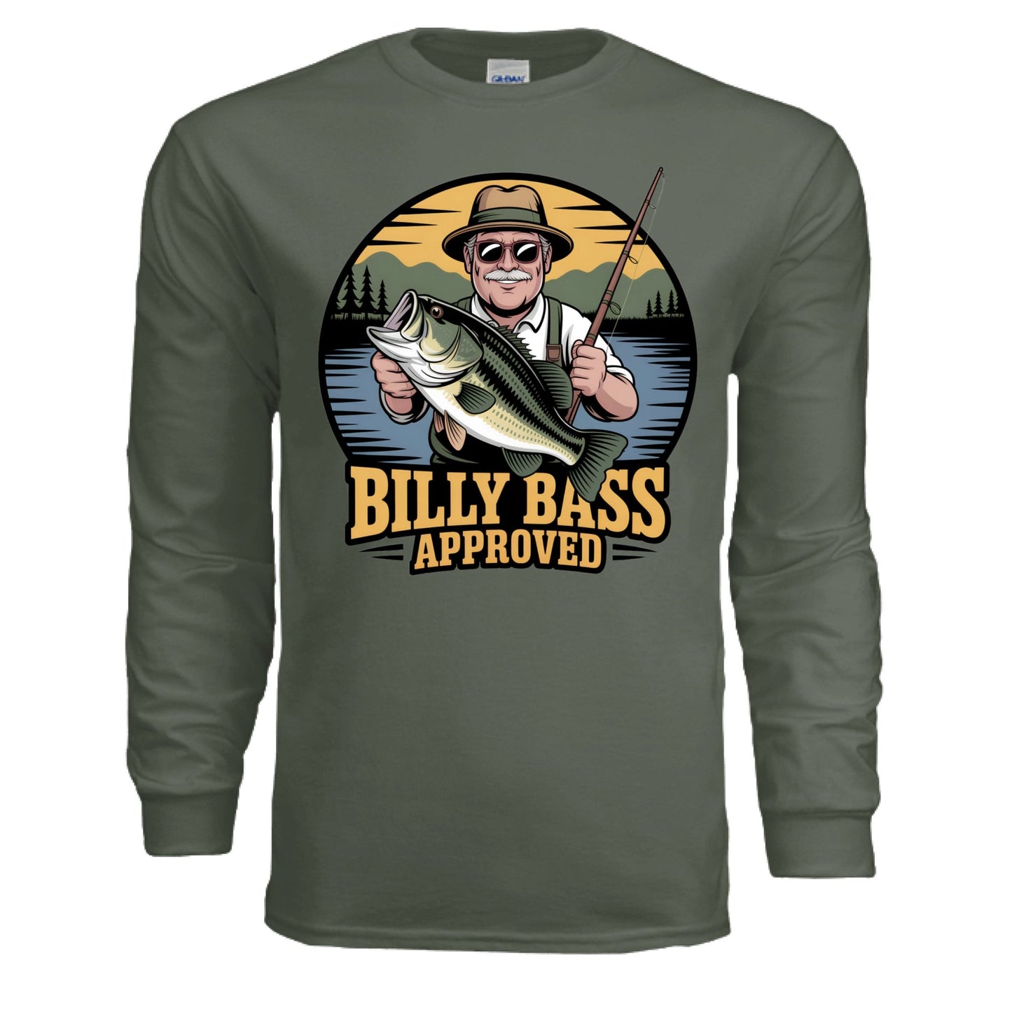 Billy Bass Approved Long Sleeve Shirt – Classic Fishing Humor for True Outdoorsmen | Hunt Fish & Chill – MILITARY GREEN T-Shirt for Apparel (1 view)