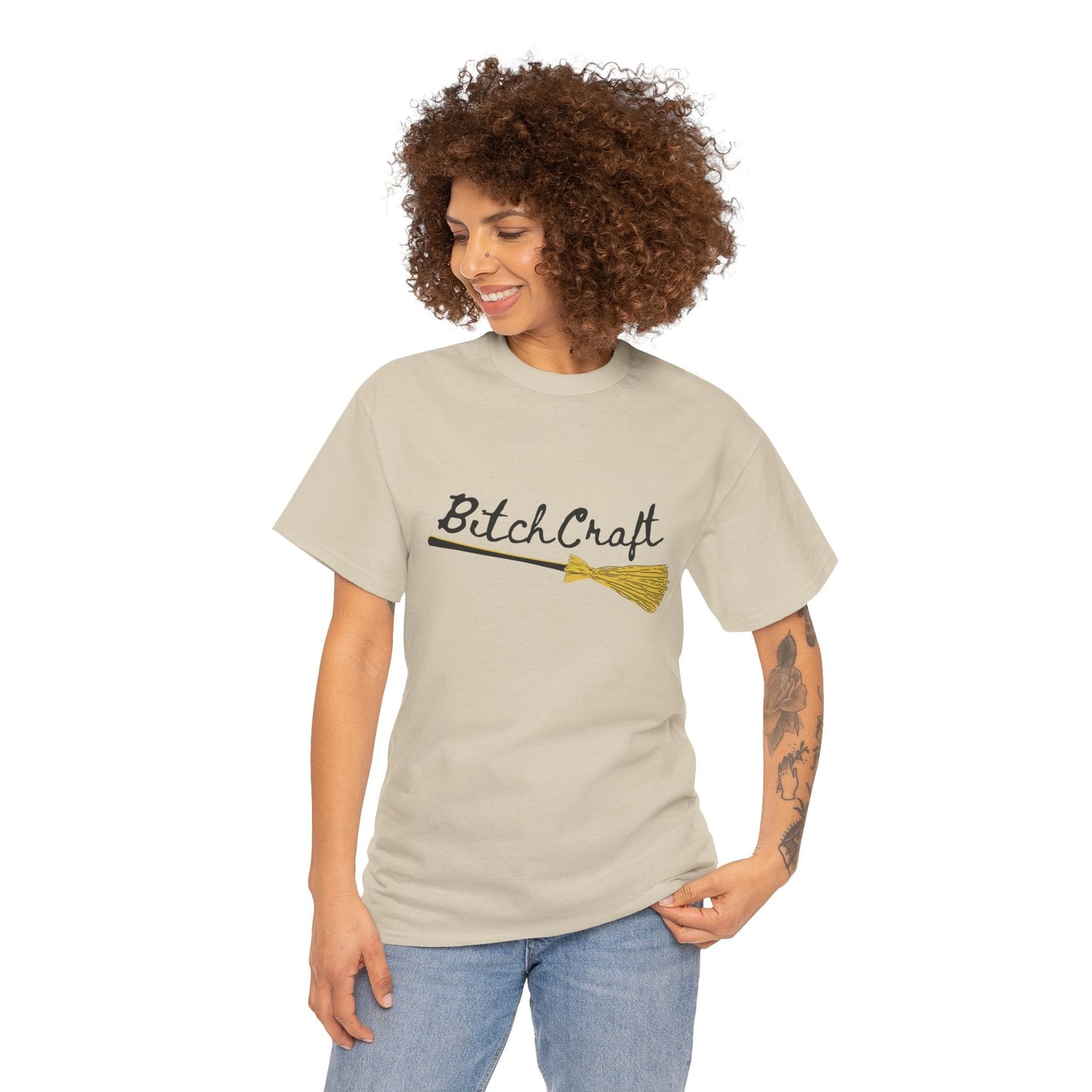 BitchCraft Broomstick Tee – Witchy Humor & Halloween Vibes | Graphic T-Shirts – Sand T-Shirt for Casual Wear (12 view)