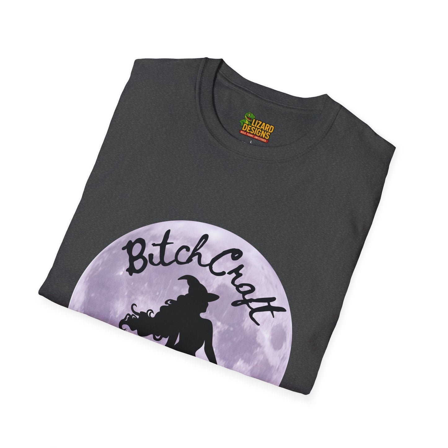 BitchCraft Witch & Cat Tee – Purple Moon Witchy Vibes | Graphic T-Shirts – Dark Heather T-Shirt by Printify