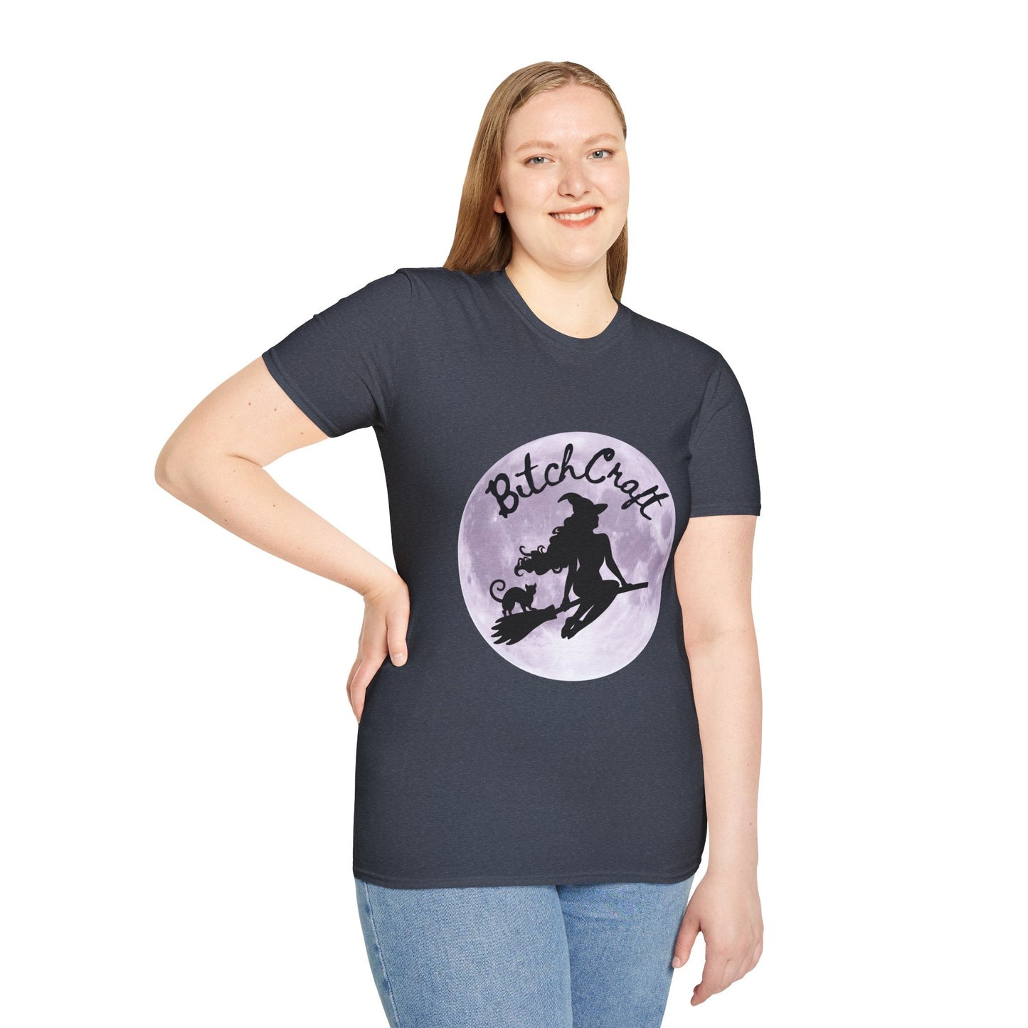 BitchCraft Witch & Cat Tee – Purple Moon Witchy Vibes | Graphic T-Shirts – Heather Navy T-Shirt for Alternative Fashion (28 view)