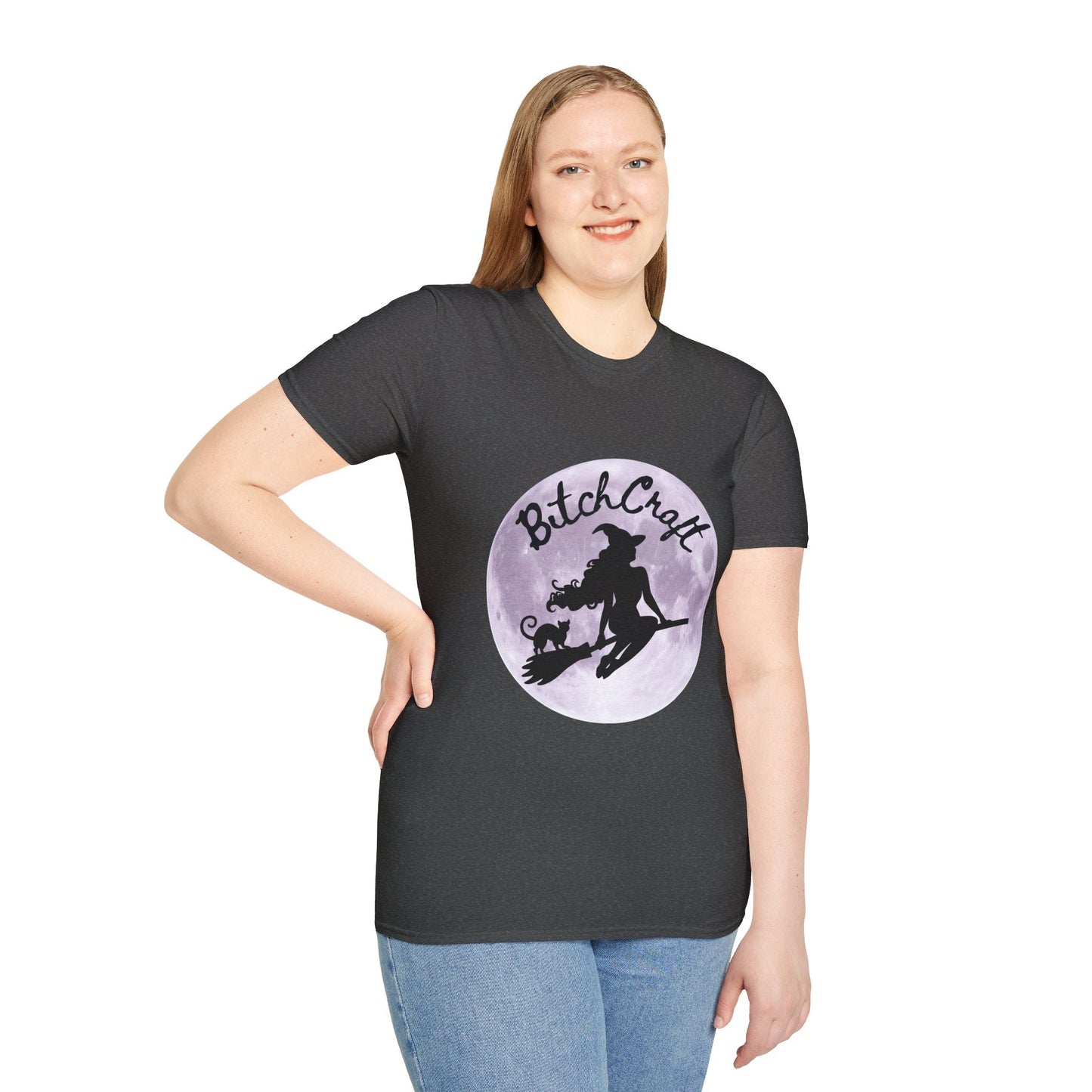 BitchCraft Witch & Cat Tee – Purple Moon Witchy Vibes | Graphic T-Shirts – Dark Heather T-Shirt by Printify