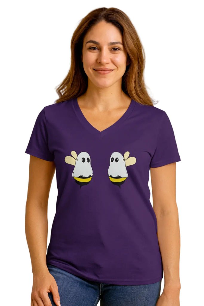 Boobees Unisex V - Neck T-Shirt – Cute & Spooky Bee Ghost Tee | Funny Halloween Shirt – Asphalt V - neck for bee lovers gift (1 view)