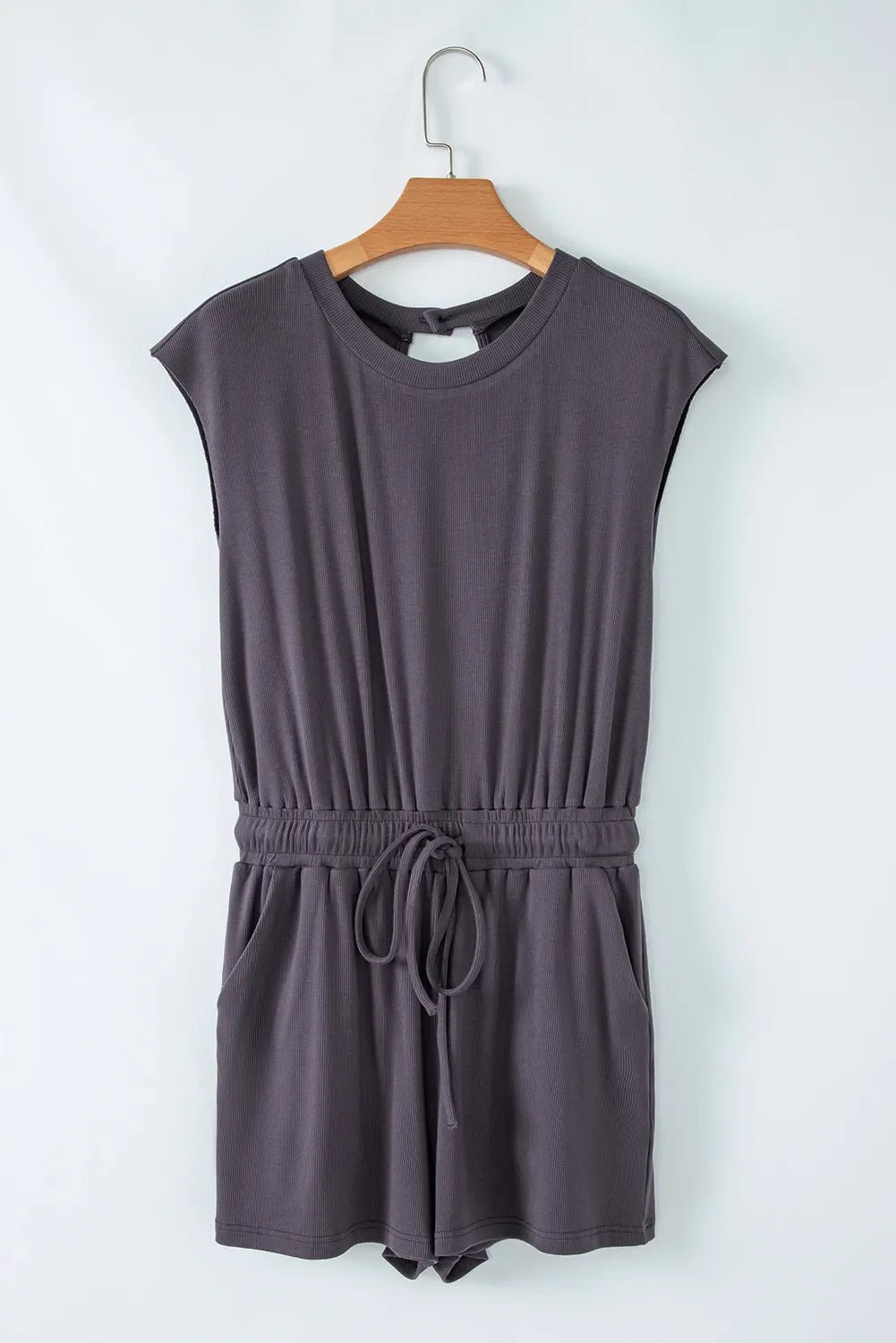 Knit Open Back Cap Sleeve Drawstring Romper – Black for Shopify Collective (5 view)