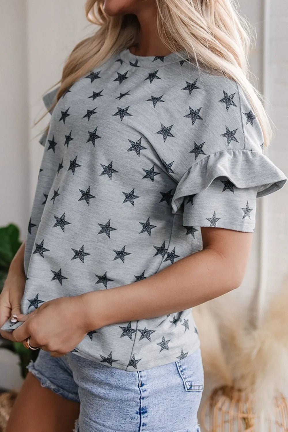 Star Print Tiered Ruffled Sleeve Crew Neck T Shirt – Gray by Simply Love