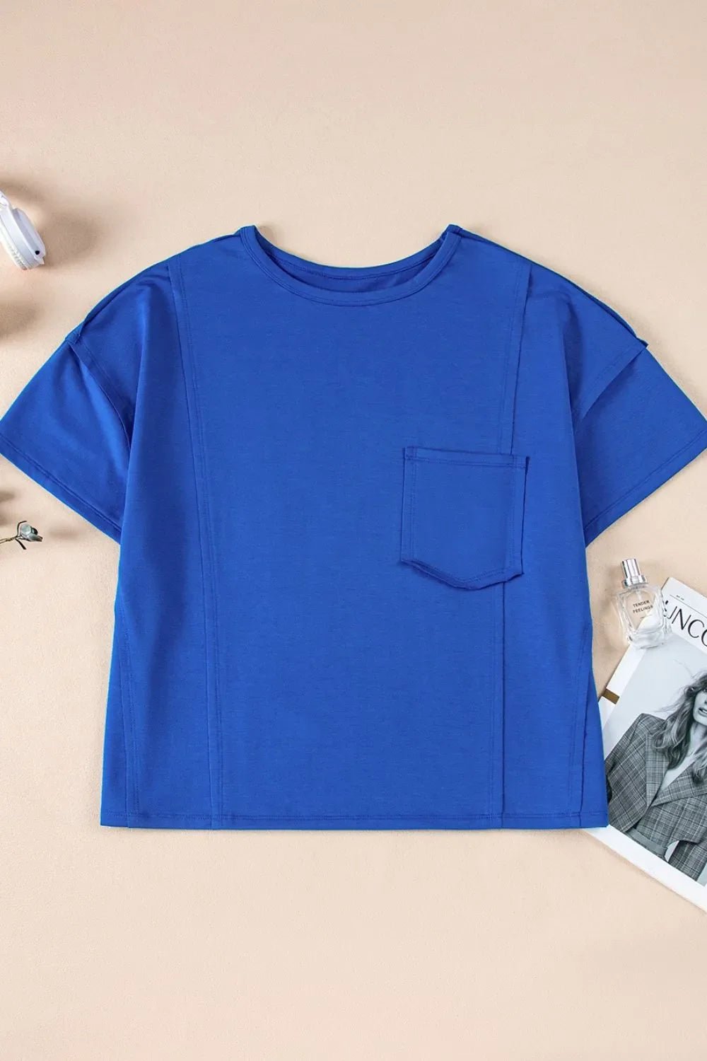 Patched Pocket Exposed Seam Oversize T-shirt – Royal Blue for Shopify Collective (3 view)