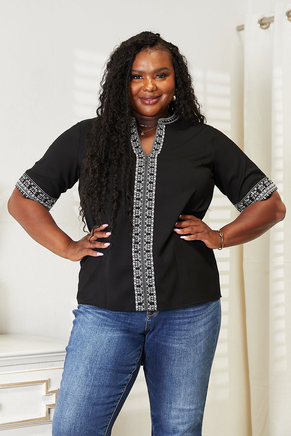 Double Take Embroidered Notched Neck Top – Black by Double Take