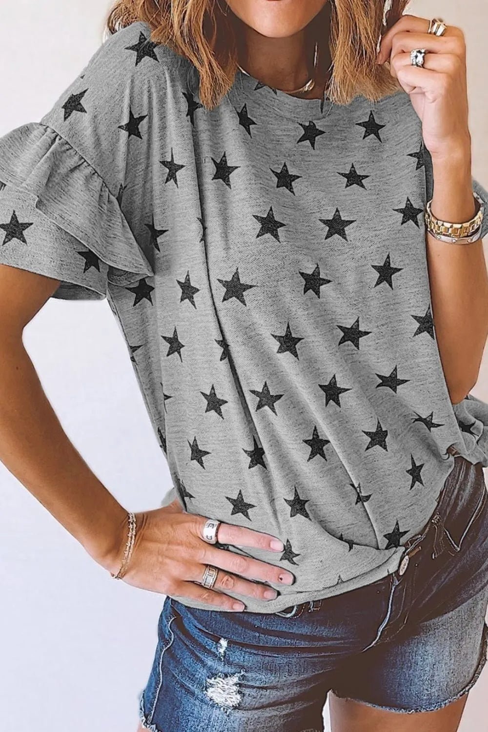 Star Print Tiered Ruffled Sleeve Crew Neck T Shirt – Gray by Simply Love