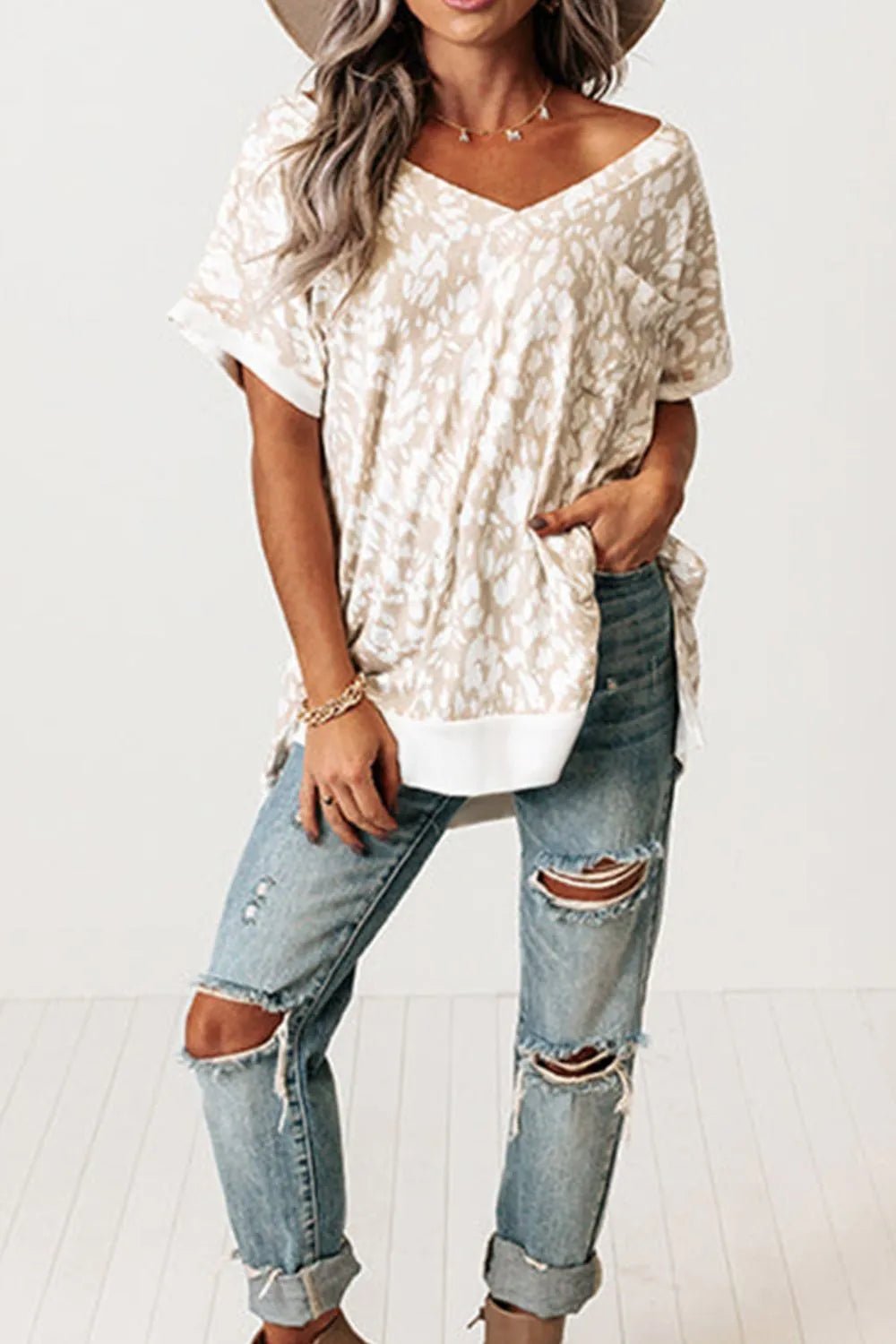 Leopard Print V Neck Side Slit Loose Fit T Shirt – Eggshell for low - stock - alert - sent (4 view)