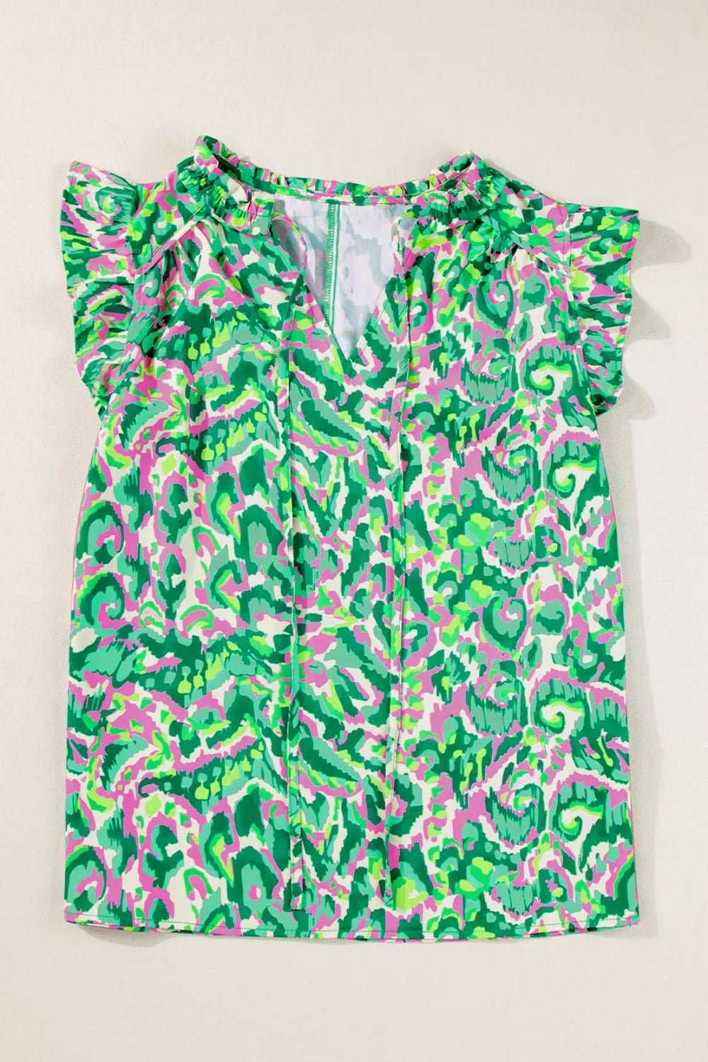 Abstract Print Ruffled Trim Tie Neck Top – Green by Simply Love