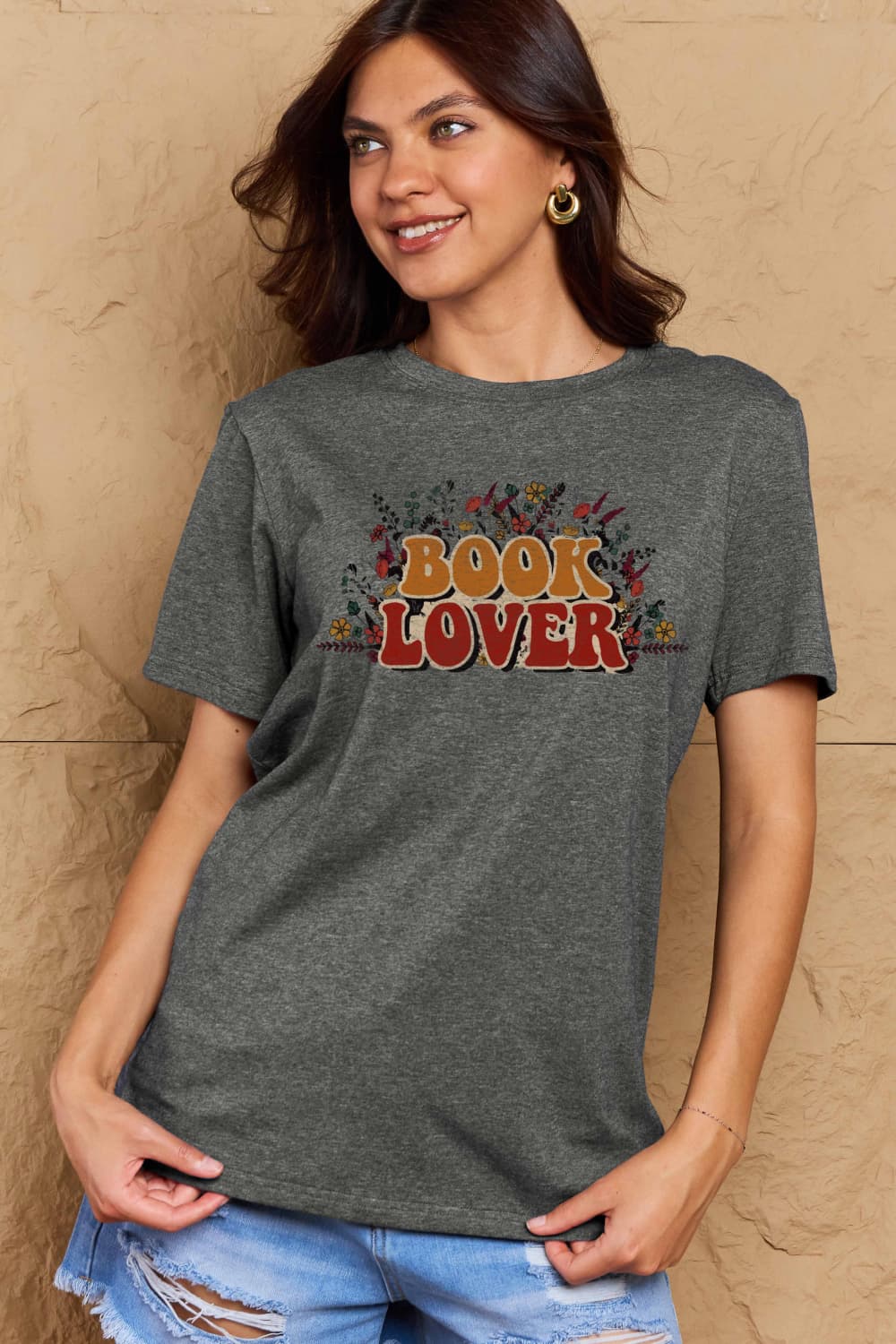Simply Love Full Size BOOK LOVER Graphic Cotton Tee – Charcoal Women's Top for Shopify Collective (11 view)