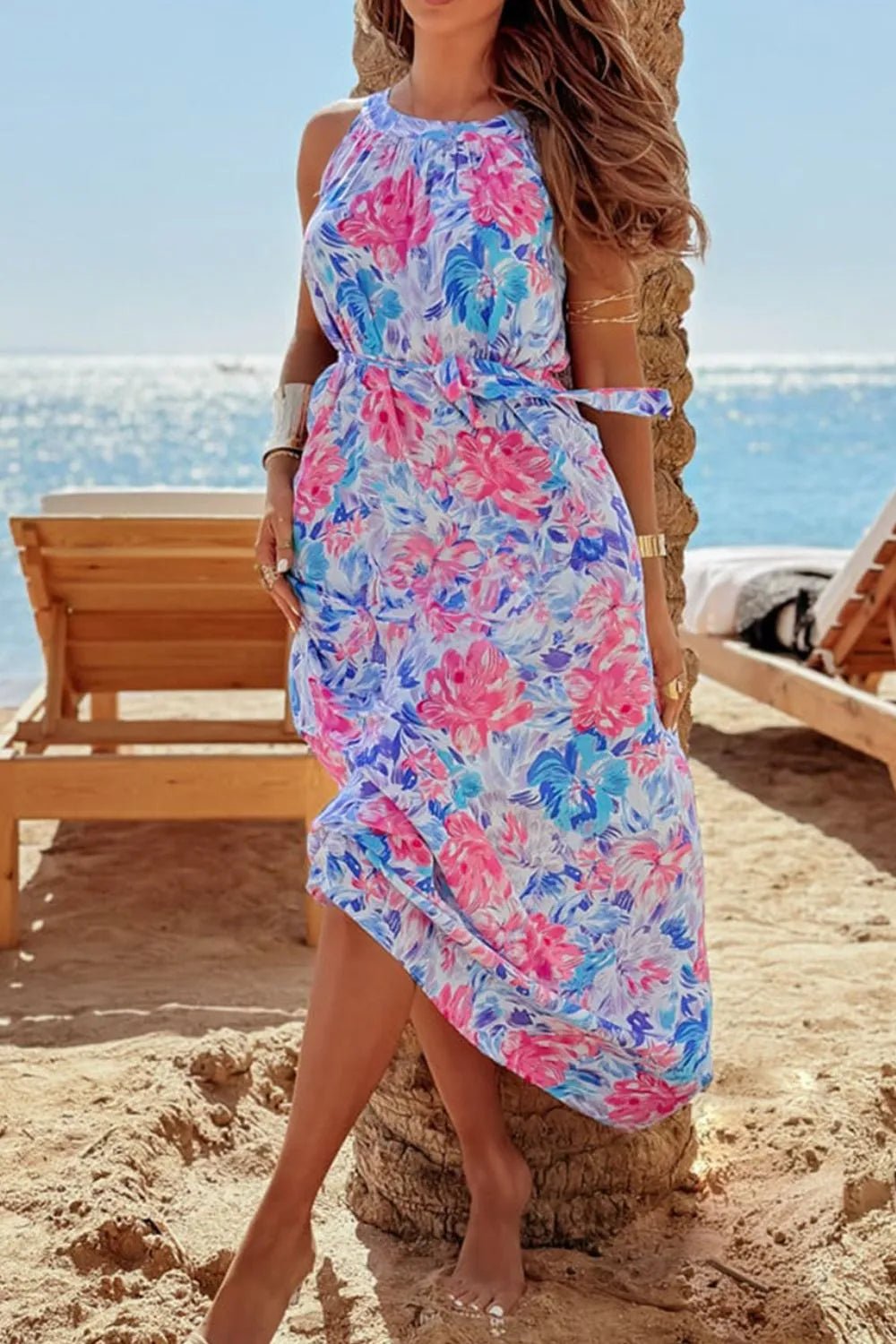 Floral Printed Sleeveless O Neck Knot Waist Dress – Floral for Shopify Collective (7 view)