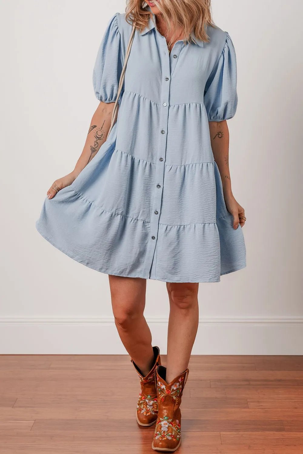 Button Up Puff Sleeve Tiered Shirt Dress – Light Blue by Simply Love