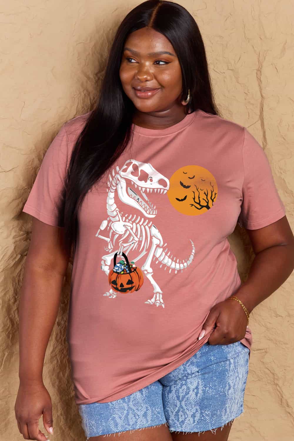 Simply Love Full Size Dinosaur Skeleton Graphic Cotton Tee – Dusty Pink Women's Top for Shopify Collective (10 view)