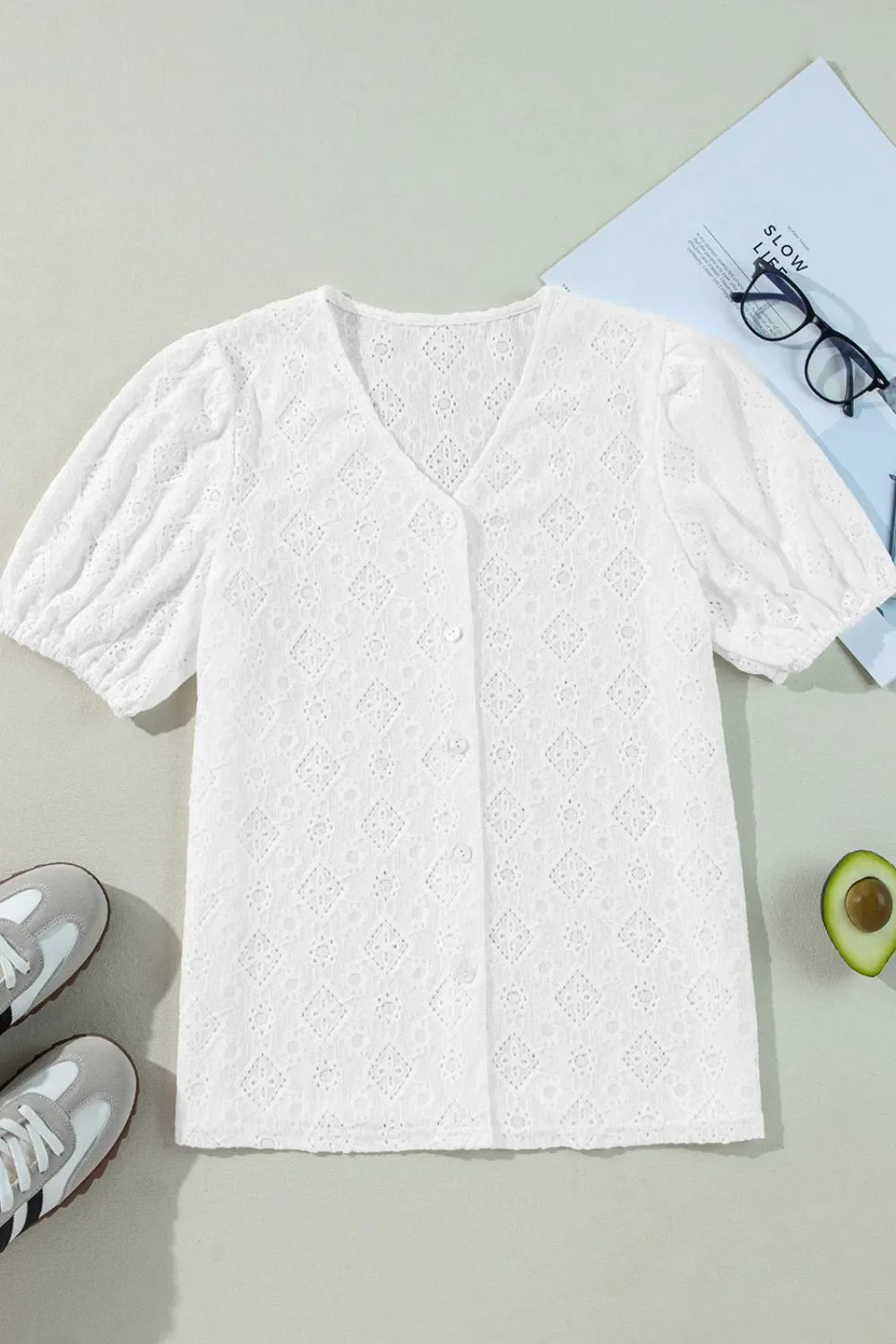 Lace Puff Sleeve V Neck Button Up Shirt – White for Shopify Collective (4 view)