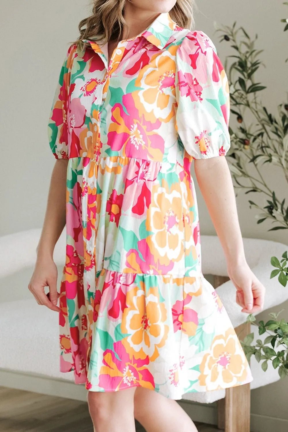 Button Down Floral Puff Sleeve Babydoll Dress – Strawberry for Shopify Collective (4 view)