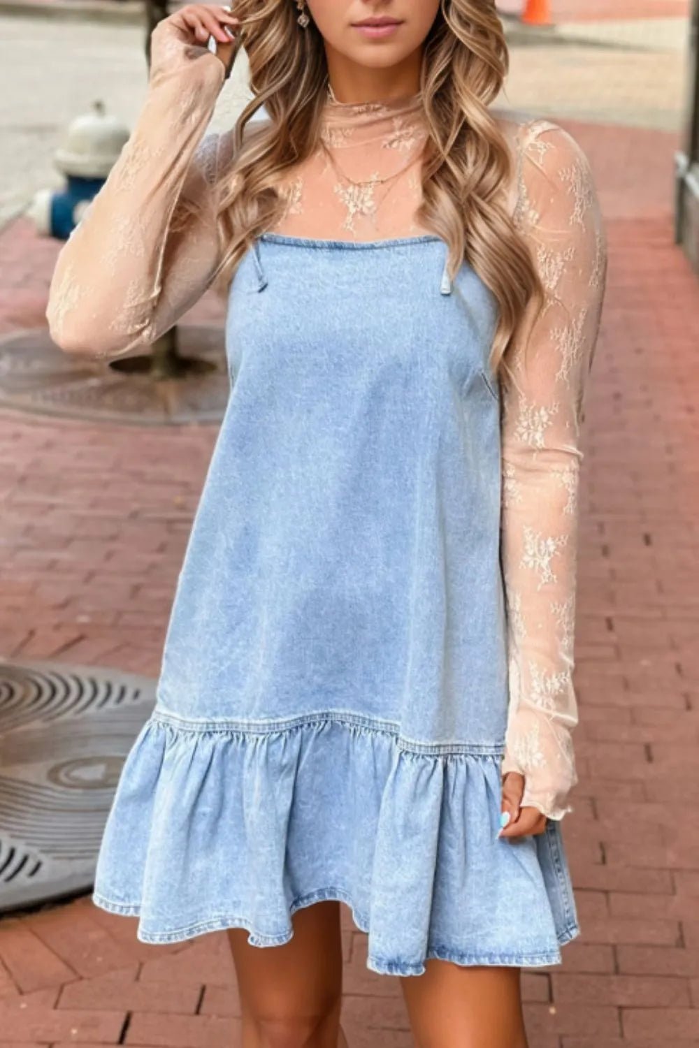 Bow Detail Spaghetti Straps Ruffle Hem Denim Dress – Light Blue Dresses for Shopify Collective (1 view)