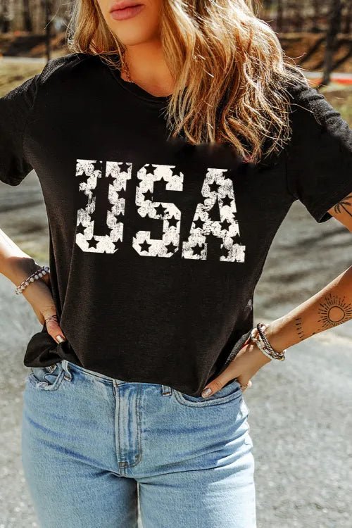 USA Round Neck Short Sleeve T-Shirt – Black by Simply Love