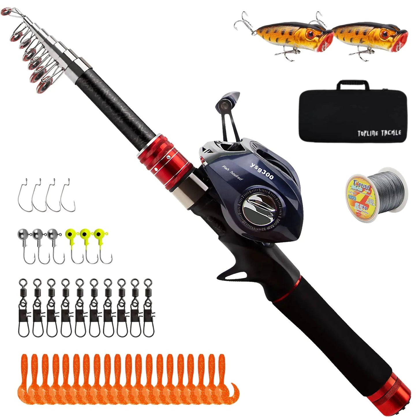 Carbon Fiber Telescopic Fishing Rod & Baitcasting Reel Combo – Travel Fishing Kit with Lures, Hooks & Bag – 1.8m Combo - right Hand Fishing Gear for baitcaster combo (2 view)