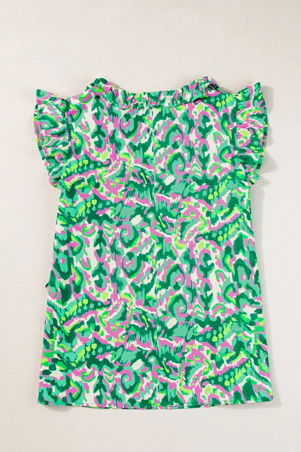 Abstract Print Ruffled Trim Tie Neck Top – Green by Simply Love