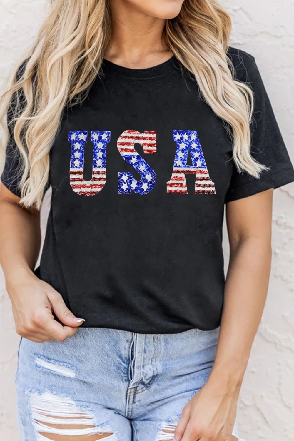 USA Round Neck Short Sleeve T-Shirt – Black by Simply Love
