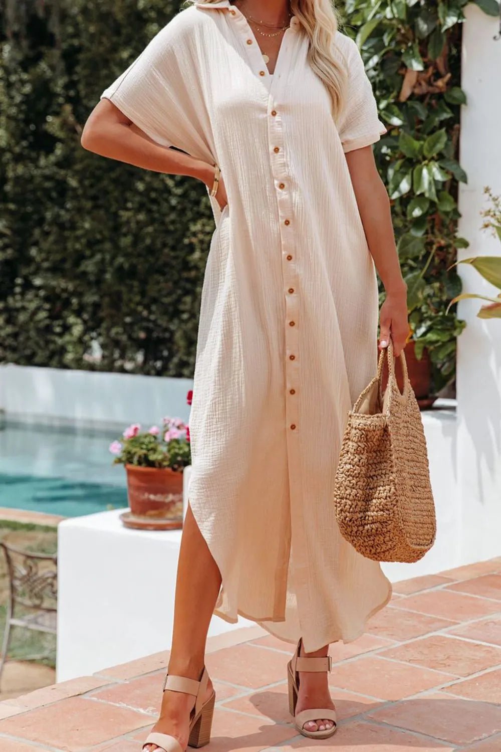 Button Down Short Sleeve Midi Shirt Dress – Khaki for Shopify Collective (15 view)