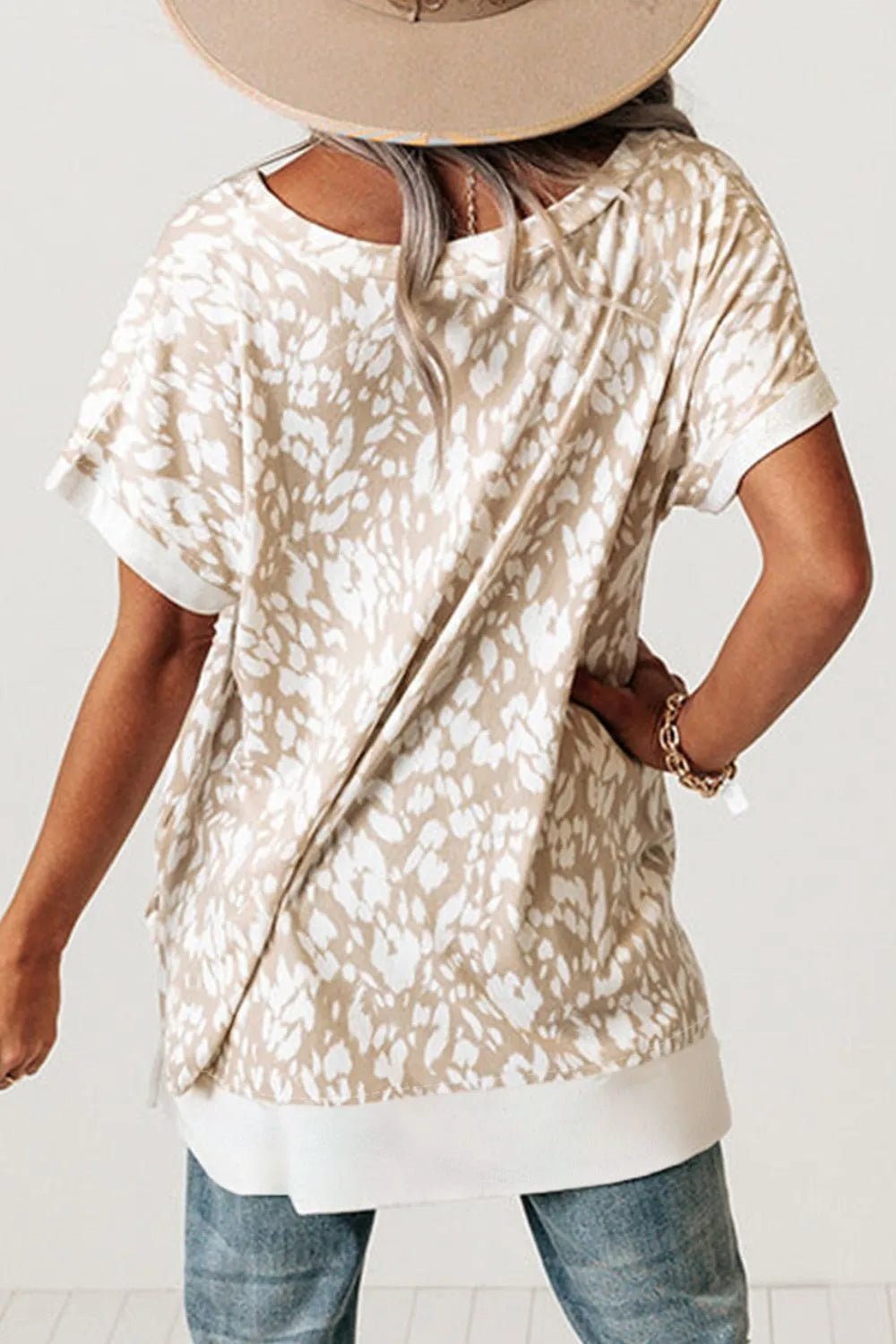 Leopard Print V Neck Side Slit Loose Fit T Shirt – Eggshell for low - stock - alert - sent (2 view)