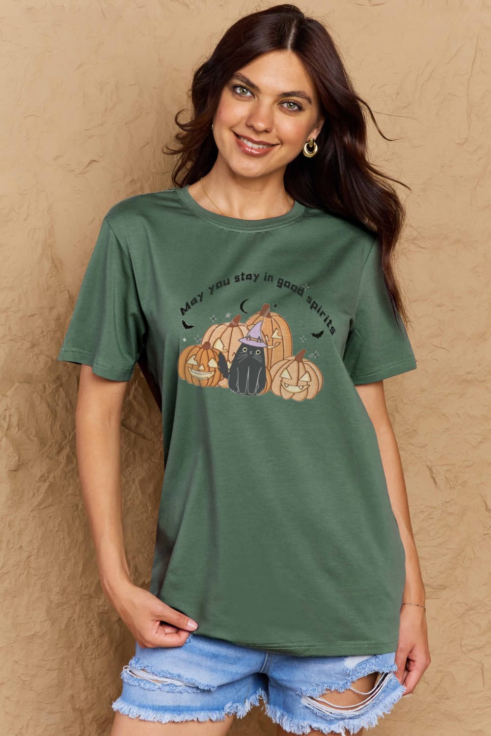 Simply Love Full Size MAY YOU STAY IN GOOD SPIRITS Graphic Cotton T-Shirt – Green Women's Top for Shopify Collective (29 view)