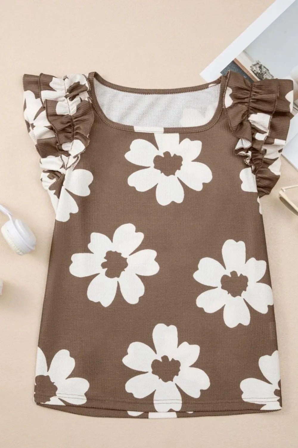 Floral Textured Ruffled Cap Sleeve Blouse – Taupe for Shopify Collective (4 view)