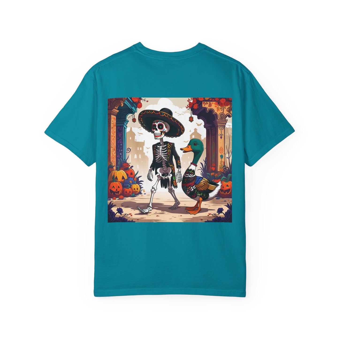 Charming Duck Skeleton wearing a Sombrero Tee, Cute Graphic T-Shirt, Quirky Unisex Apparel, Perfect for Halloween and Everyday Wear – Topaz Blue T-Shirt for Casual Everyday Wear (10 view)