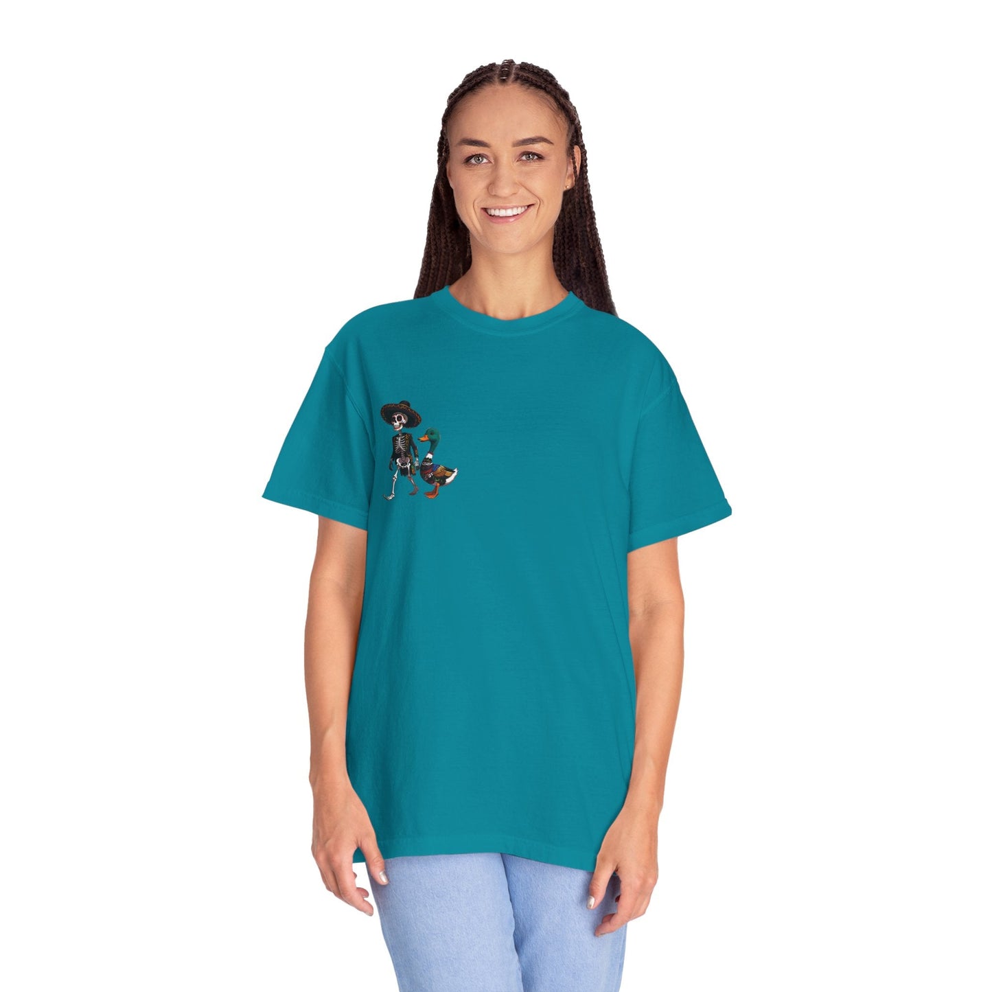 Charming Duck Skeleton wearing a Sombrero Tee, Cute Graphic T-Shirt, Quirky Unisex Apparel, Perfect for Halloween and Everyday Wear – Topaz Blue T-Shirt for Casual Everyday Wear (12 view)