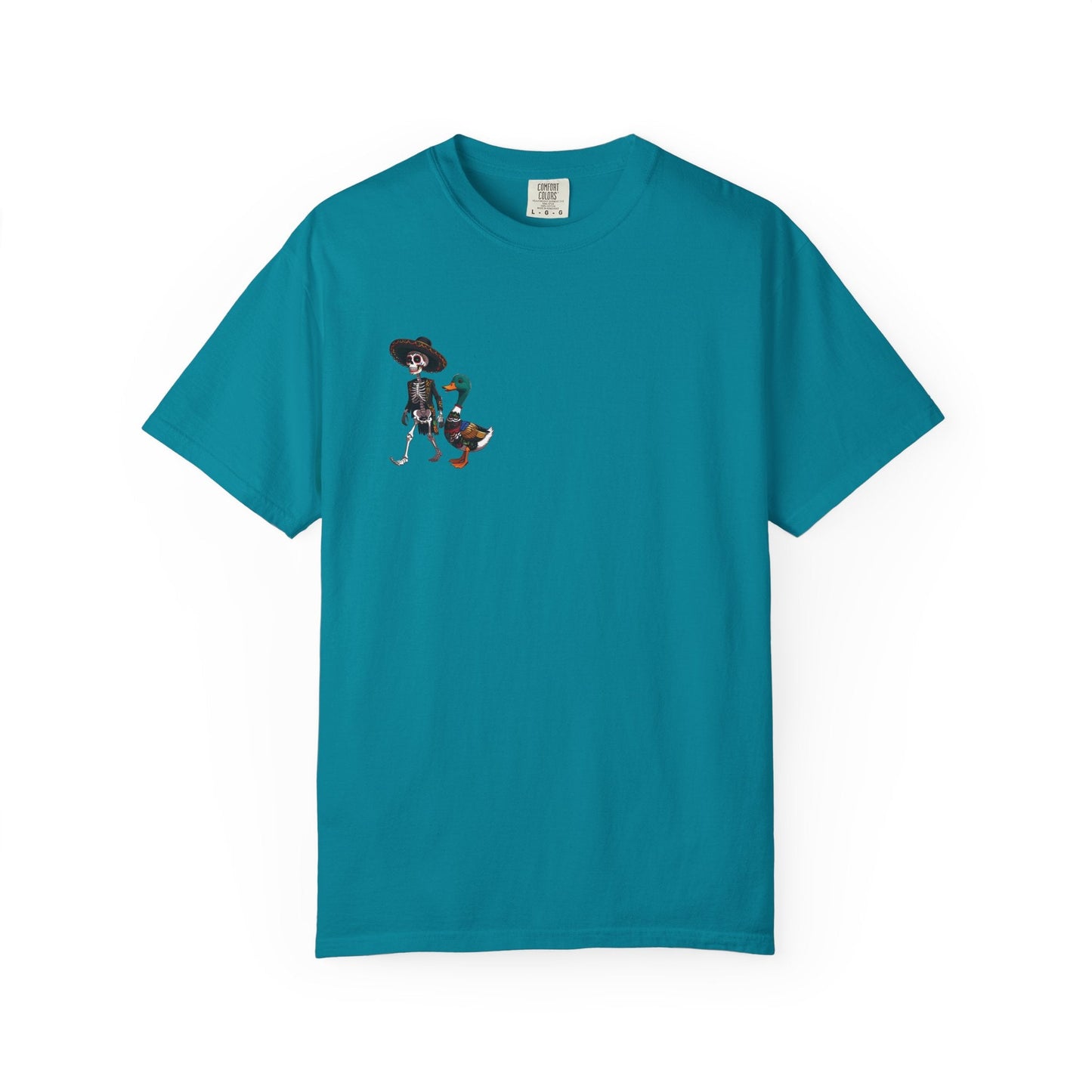 Charming Duck Skeleton wearing a Sombrero Tee, Cute Graphic T-Shirt, Quirky Unisex Apparel, Perfect for Halloween and Everyday Wear – Topaz Blue T-Shirt for Casual Everyday Wear (9 view)