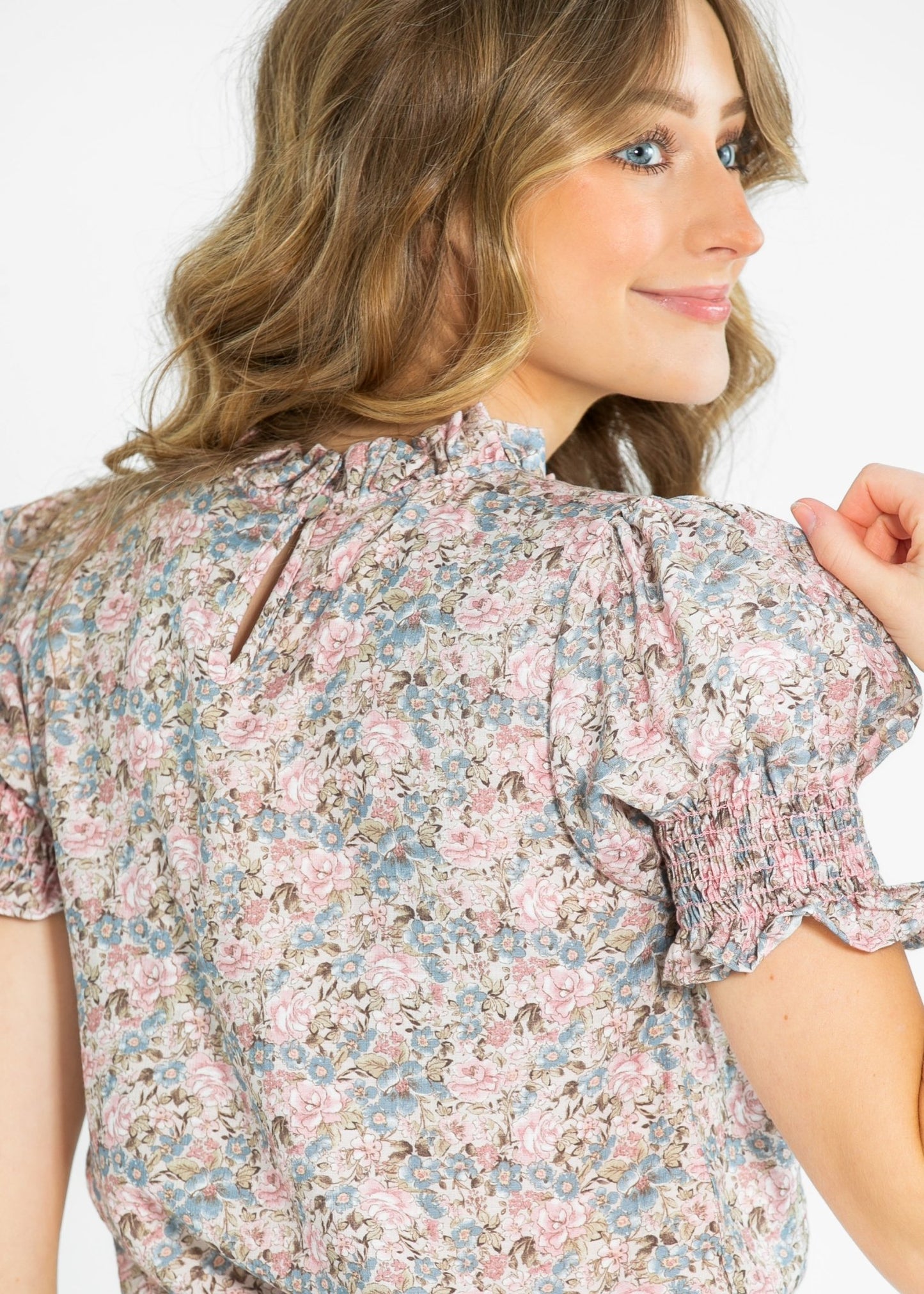 Clara Floral Ruffle Mockneck Short Sleeve Top – XS IC Tops for Inherit Co. (5 view)