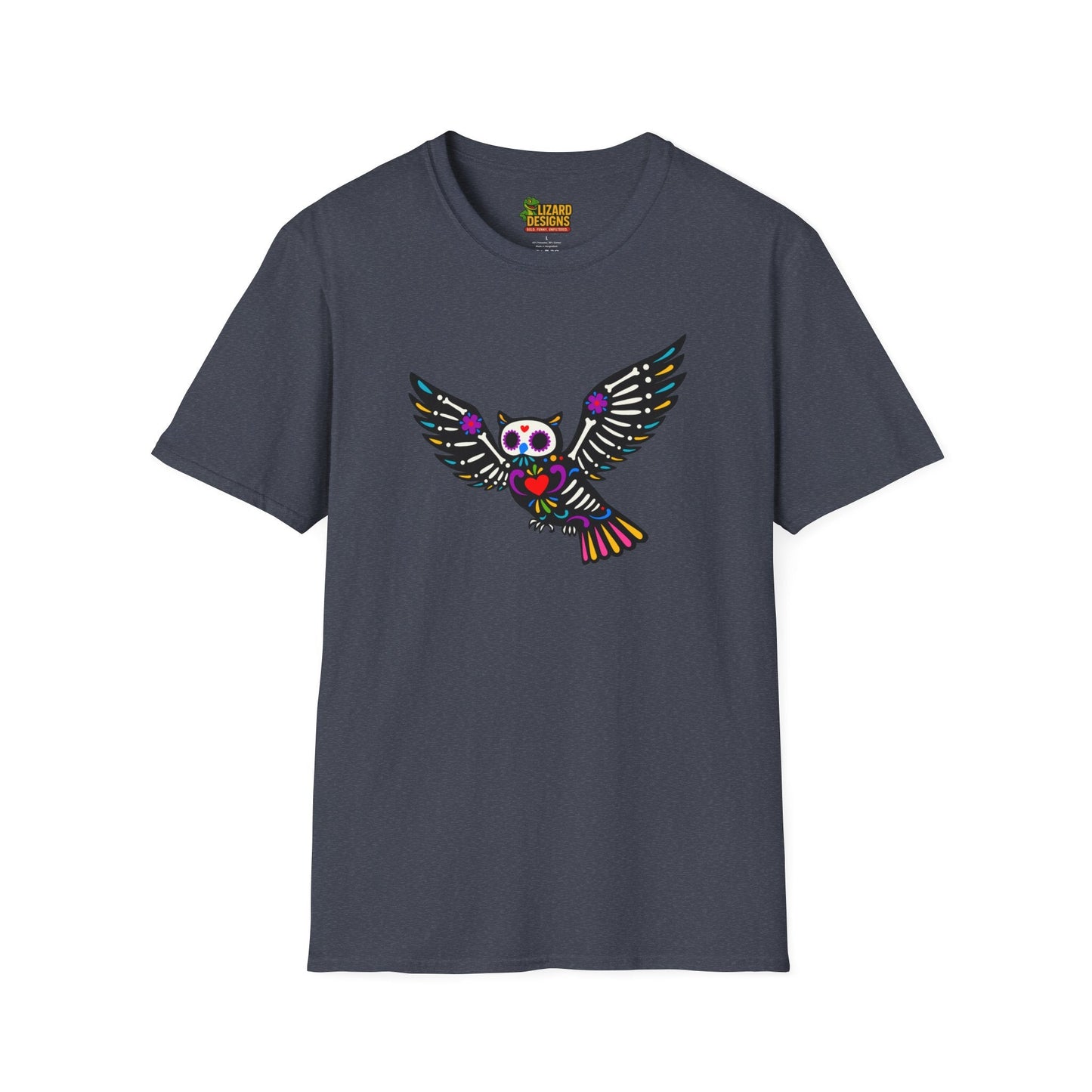 Sugar Skull Owl Tee – Colorful Day of the Dead Vibes | Graphic T-Shirts – Heather Navy T-Shirt for boho style shirt (37 view)