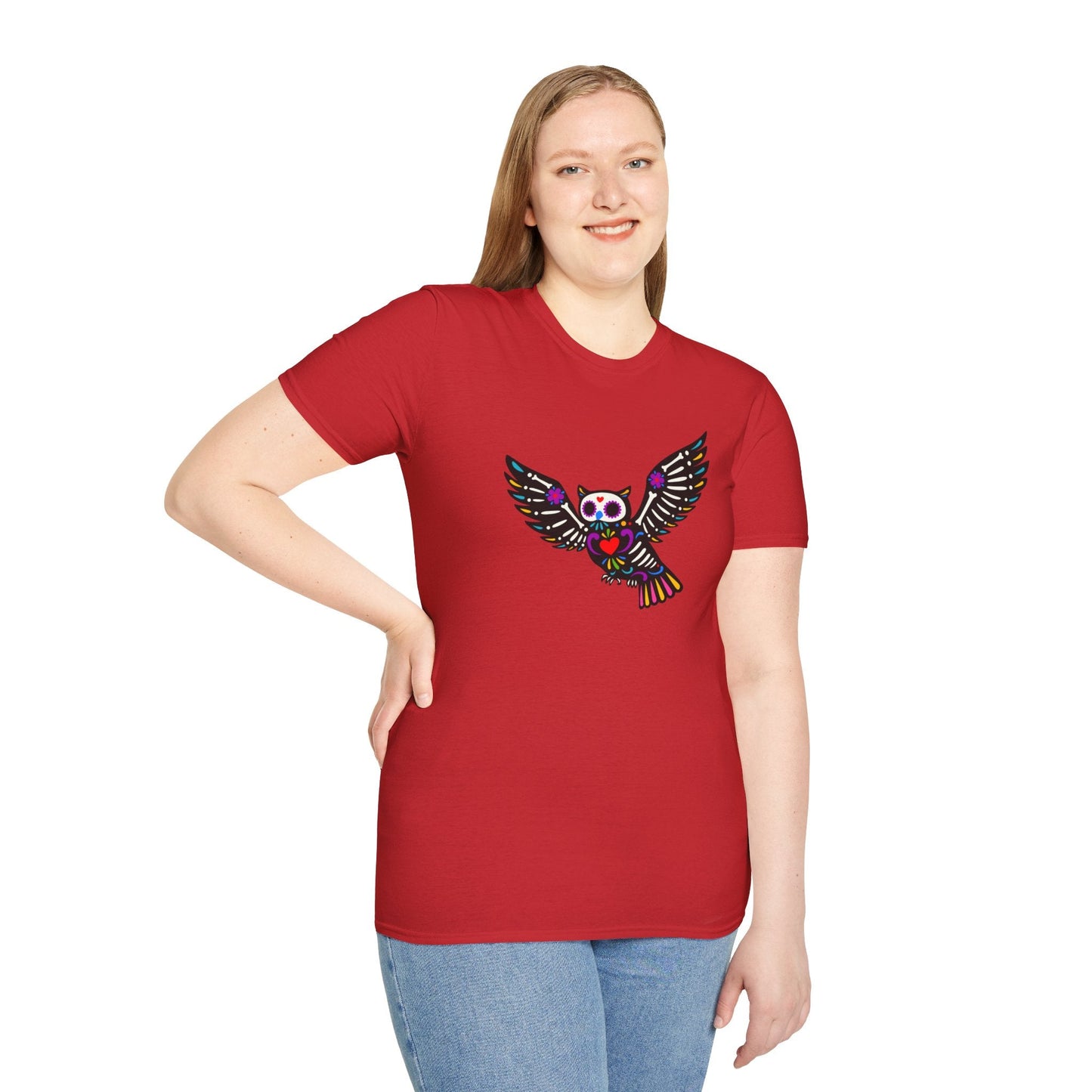 Sugar Skull Owl Tee – Colorful Day of the Dead Vibes | Graphic T-Shirts – Red T-Shirt for boho style shirt (46 view)
