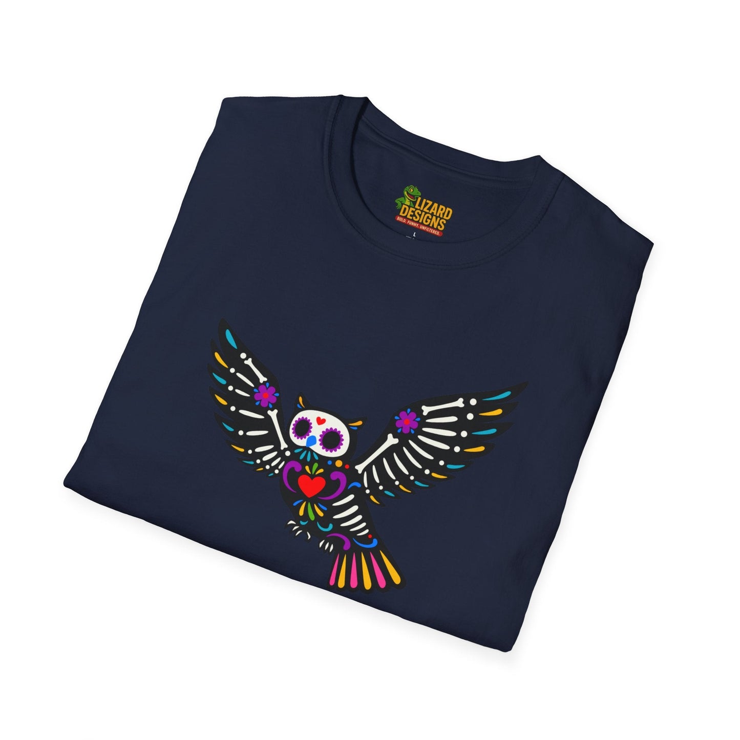 Sugar Skull Owl Tee – Colorful Day of the Dead Vibes | Graphic T-Shirts – Navy T-Shirt for boho style shirt (35 view)